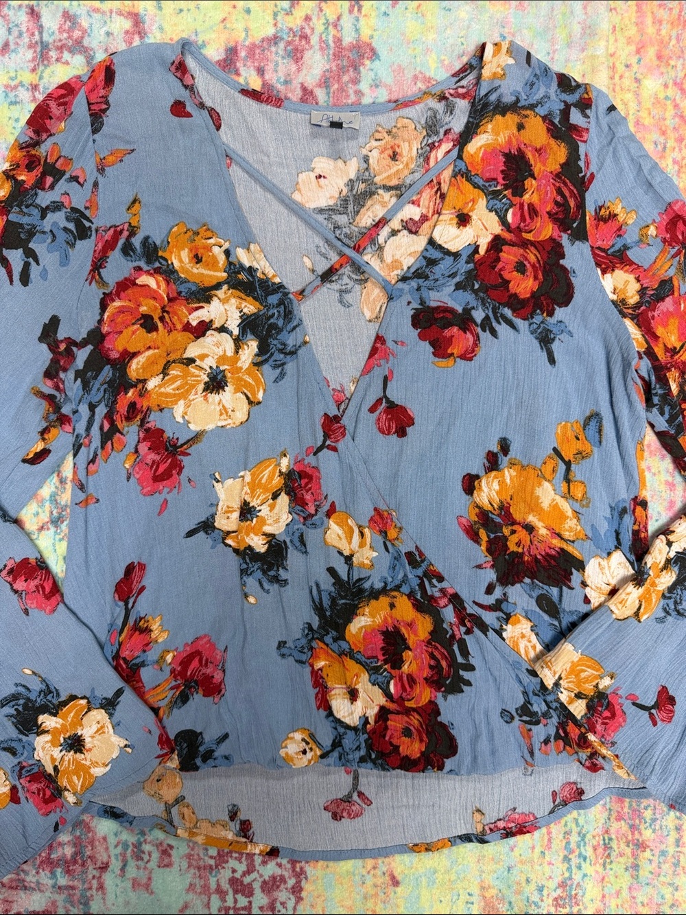 Abbeline Blue Floral Crisscross V-Neck Blouse